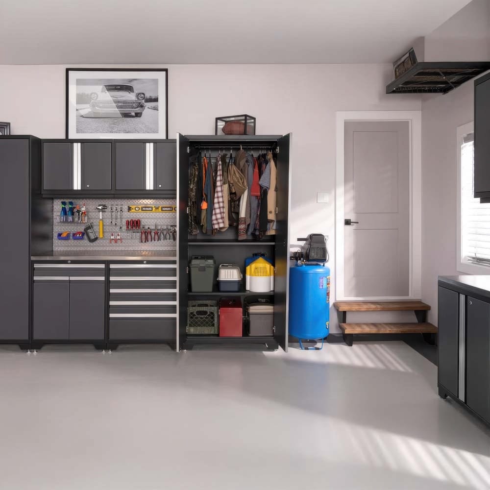 Organized Garage With Open Wardrobe Cabinet Tool Pegboard Drawer Stack And Blue Air Compressor By Door