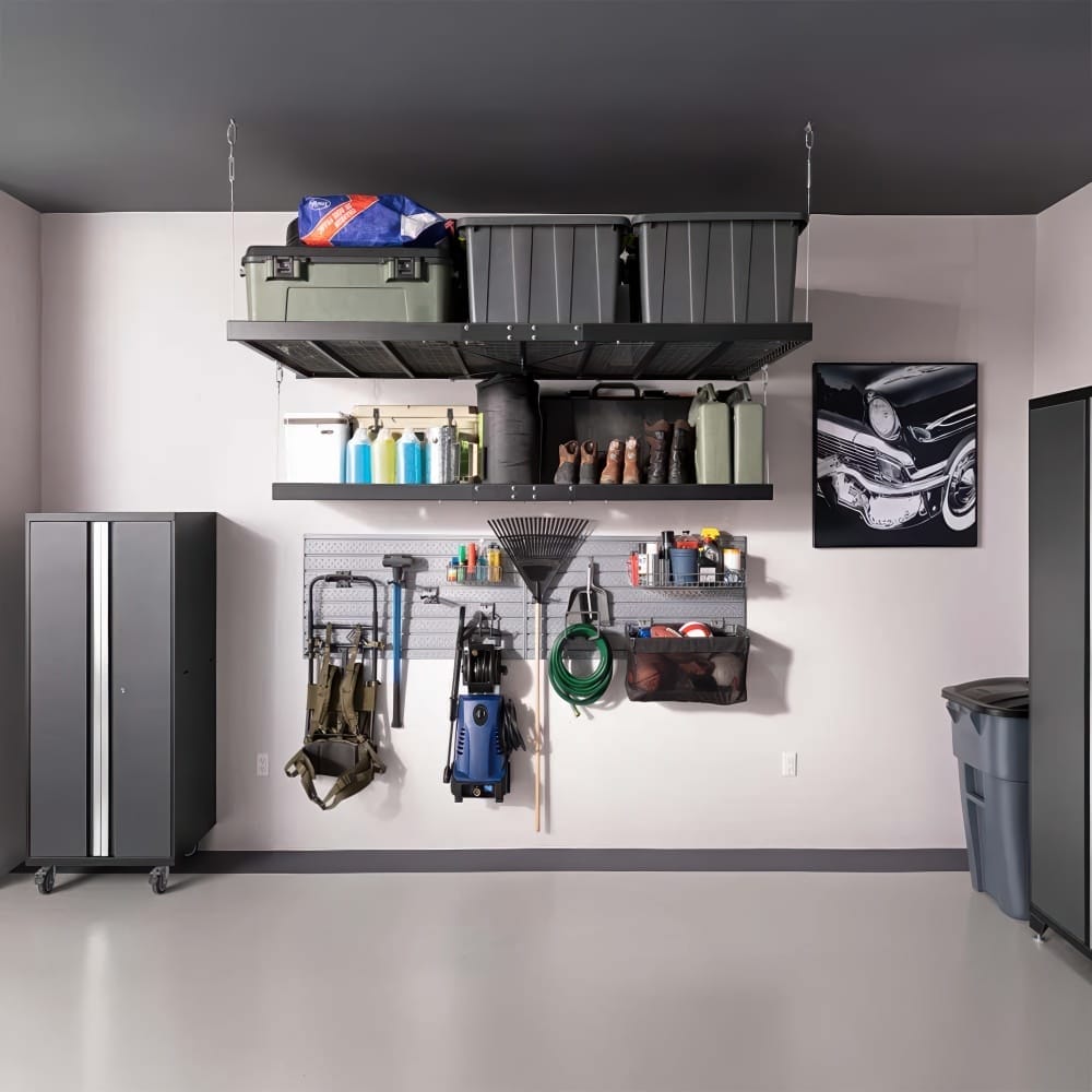 Organized Garage With Overhead Racks Wall Pegboards And Rolling Cabinet Storage
