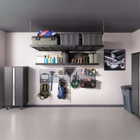 Organized Garage With Overhead Storage Racks Pegboard Holding Yard Tools And A Tall Rolling Cabinet