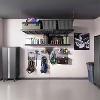 Organized Garage With Overhead Storage Racks Wall Pegboards Tools And Rolling Cabinets