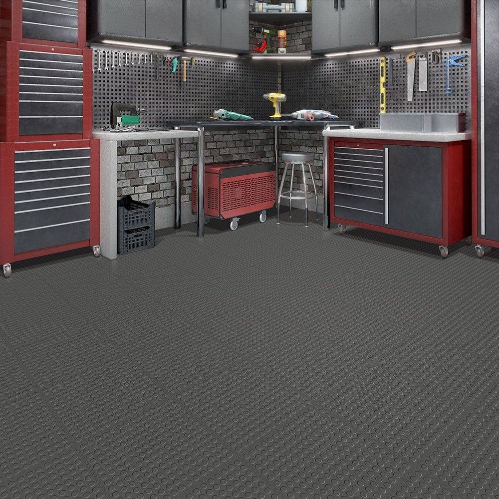 Organized Garage With Red And Gray Metal Cabinets, Floor Tile Coin By Perfection Tile, And Ample Storage Space