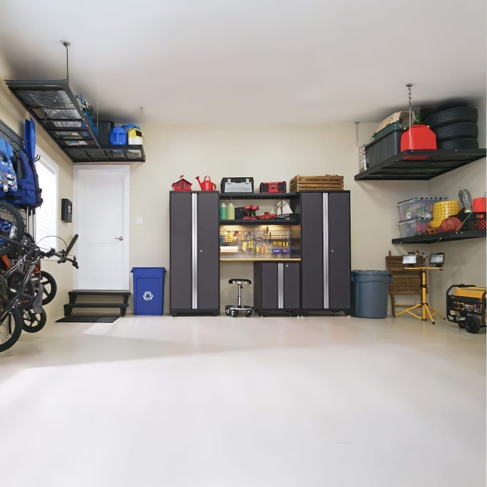 Organized Garage With Tall Cabinets Overhead Storage Racks Wall-Mounted Shelves And A Tidy Central Workspace 