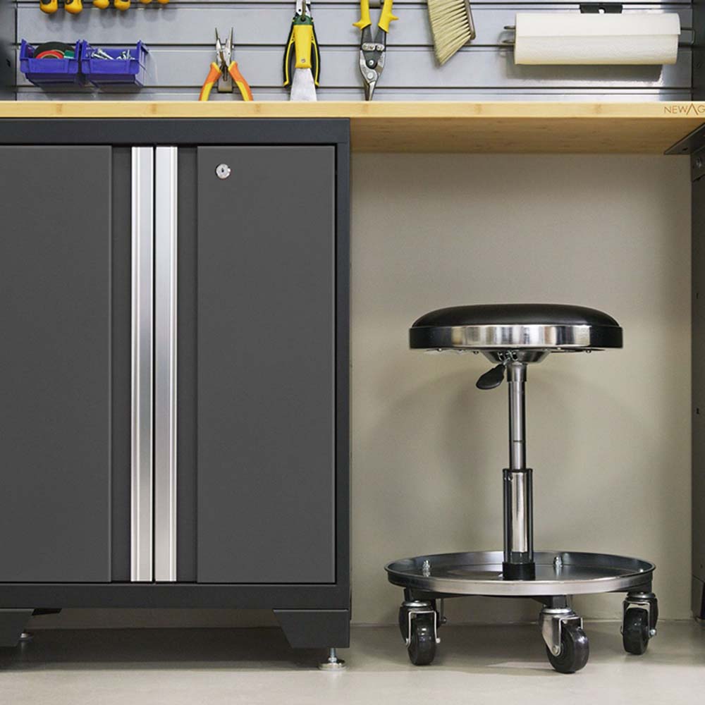 Organized Garage Workspace Showcases A NewAge 3 Piece Wall Cabinet Set Bold 3.0 With Display Shelf