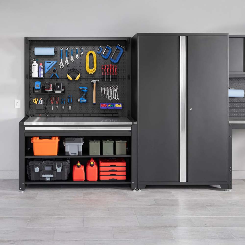 Organized Garage Workstation With Tool Pegboard Stainless Worktop