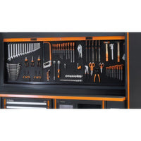 Organized Pegboard Tool Display Inside A Workshop Storage Cabinet With Assorted Hand Tools