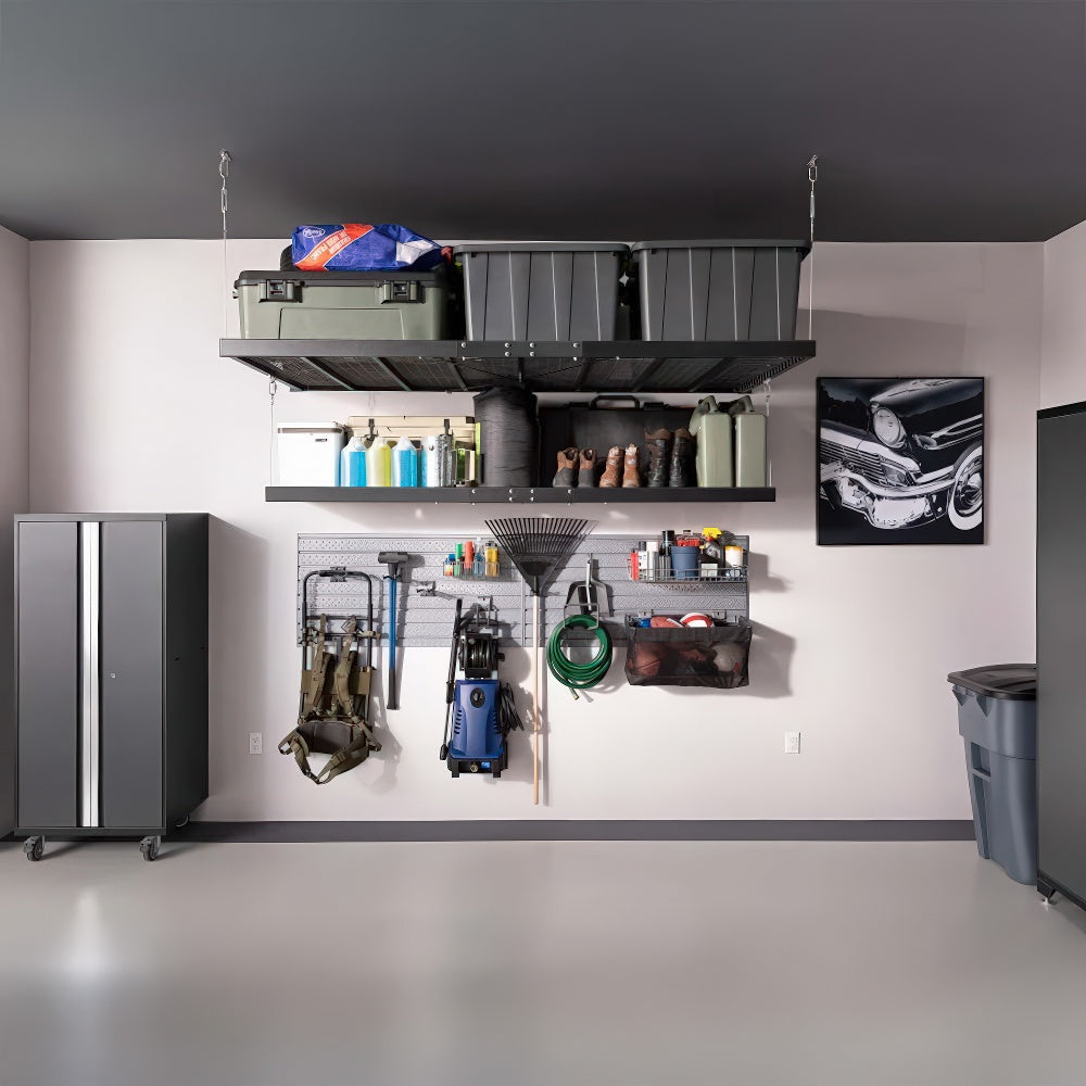 Overhead Storage Bins Mounted Shelves Holding Boots And Containers And A Pegboard Displaying Tools Hoses And Cleaning Supplies