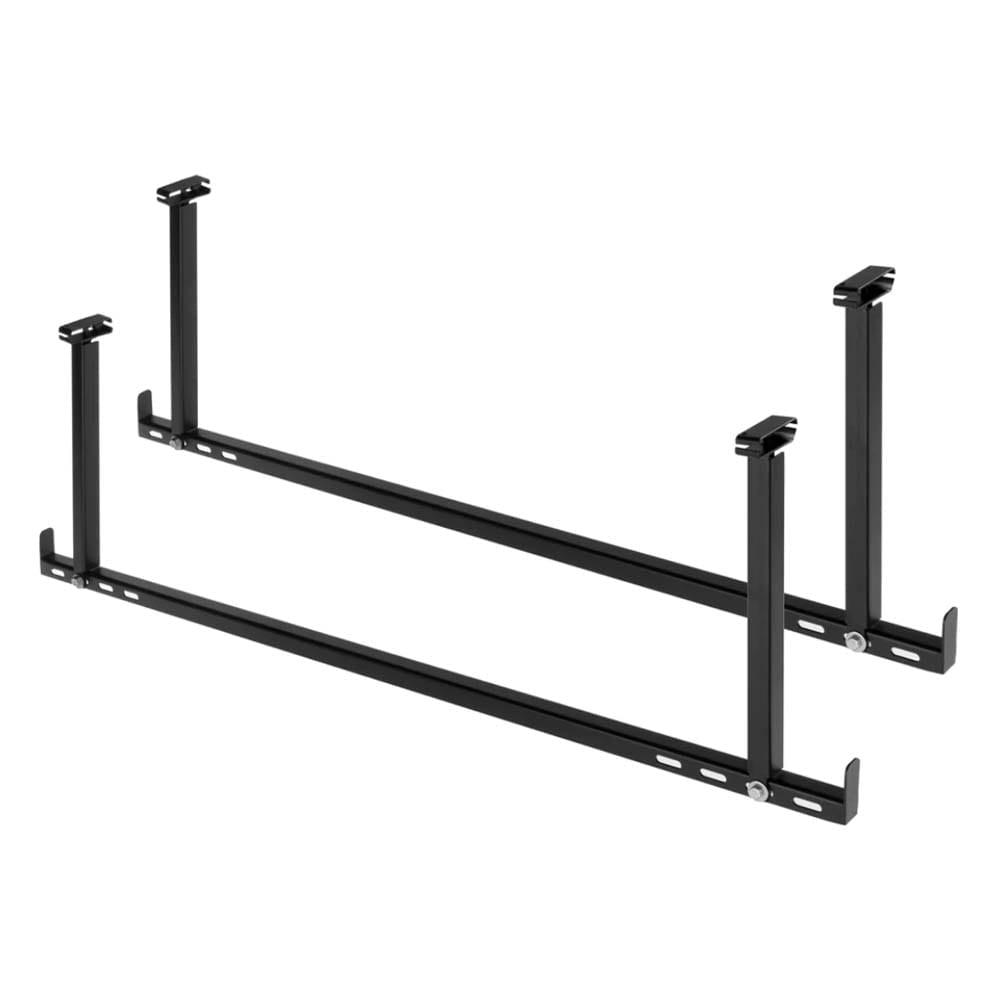 Pair Of Black Metal Ceiling Mounted Storage Rack Frames With Vertical Supports And Horizontal Bars
