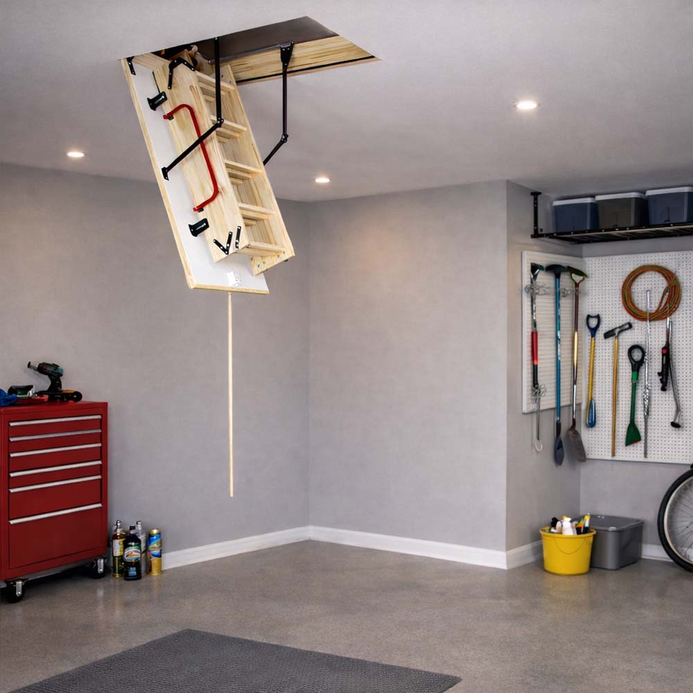 Partially Extended Attic Hatch With Wooden Ladder