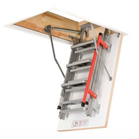 Partially Extended Attic Ladder With A Red Handrail And Metal Steps
