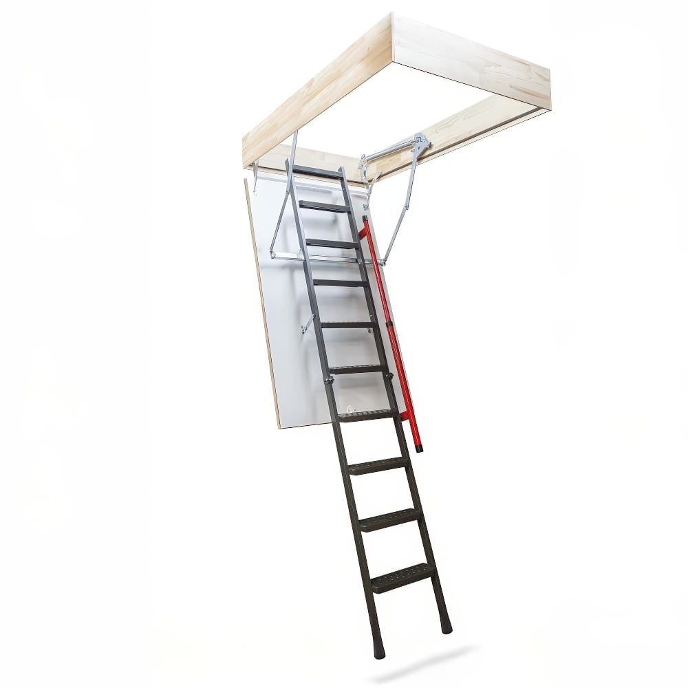 Partially Extended Black Attic Ladder With A Red Handrail Mounted To A Ceiling Opening Framed In Natural Wood