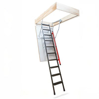 Partially Extended Black Attic Ladder With A Red Handrail Mounted To A Ceiling Opening Framed In Natural Wood