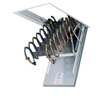 Partially Extended Scissor-Style Attic Ladder With Arched Articulated Metal Steps Descending From A Ceiling-Mounted Fire-Rated Access Panel