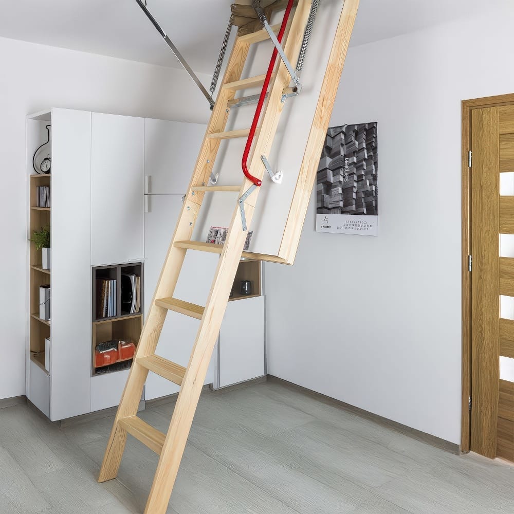 Partially Extended Wooden Attic Ladder With A Red Safety Handrail Installed In A Modern Neatly Organized Room