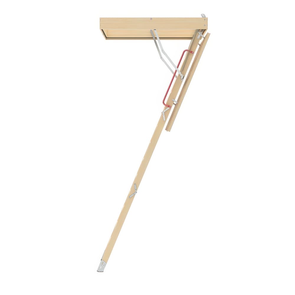 Partially Extended Wooden Attic Ladder With Metal Supports And Red Handrail