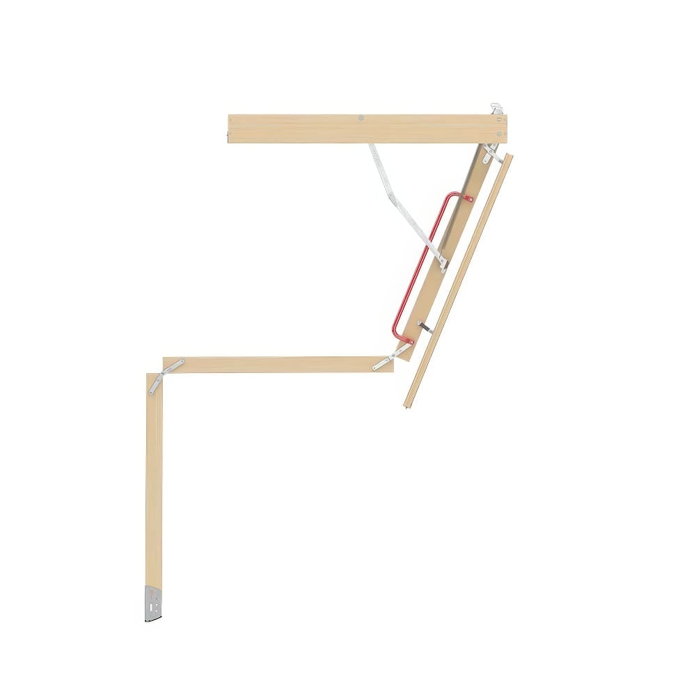 Partially Folded Wooden Attic Ladder With Angled Sections Metal Hinges And Red Safety Handle