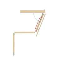 Partially Folded Wooden Attic Ladder With Angled Sections Metal Hinges And Red Safety Handle