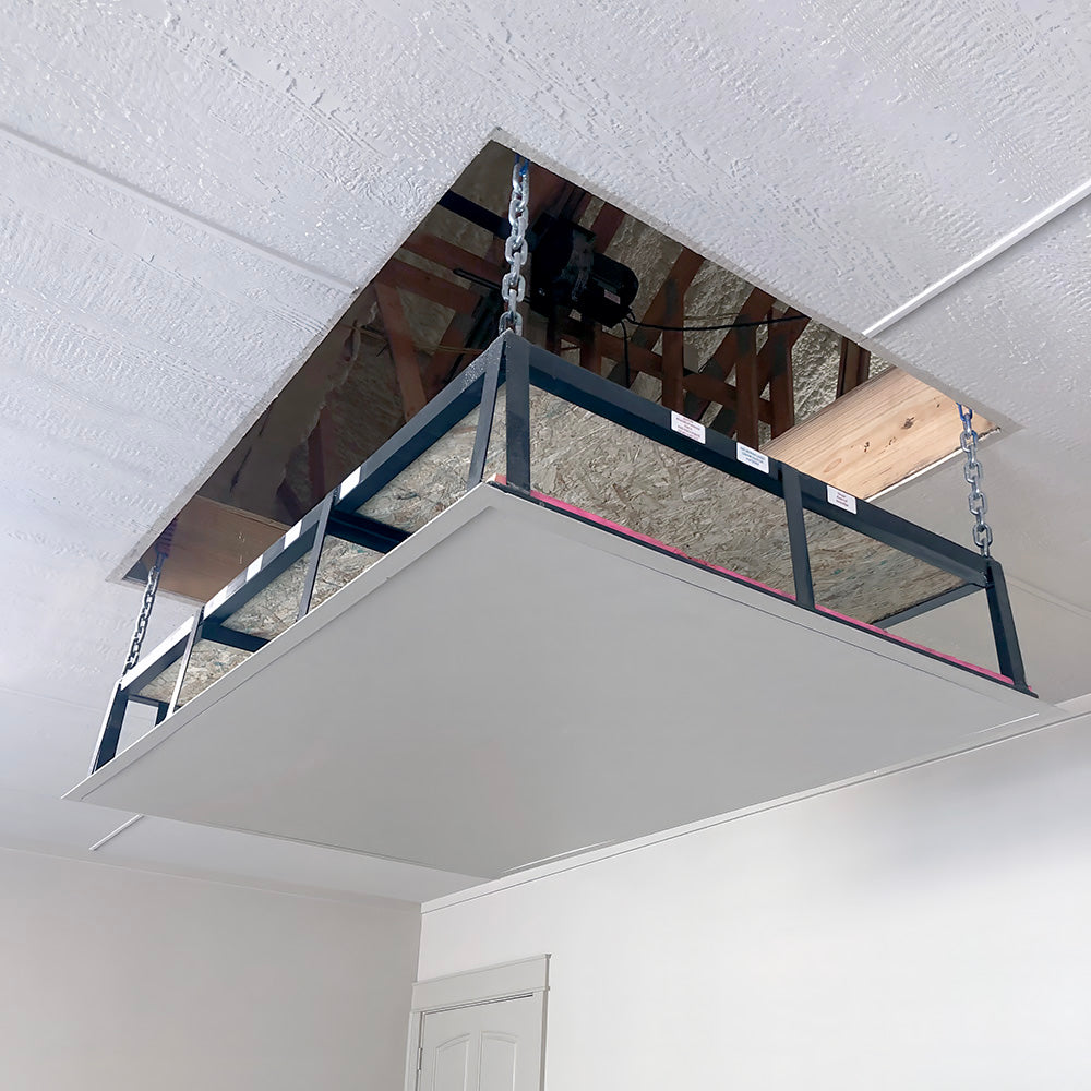 Partially Lowered The Attic Lift Platform Suspended By Chains From The Ceiling Revealing An Opening To The Attic Above