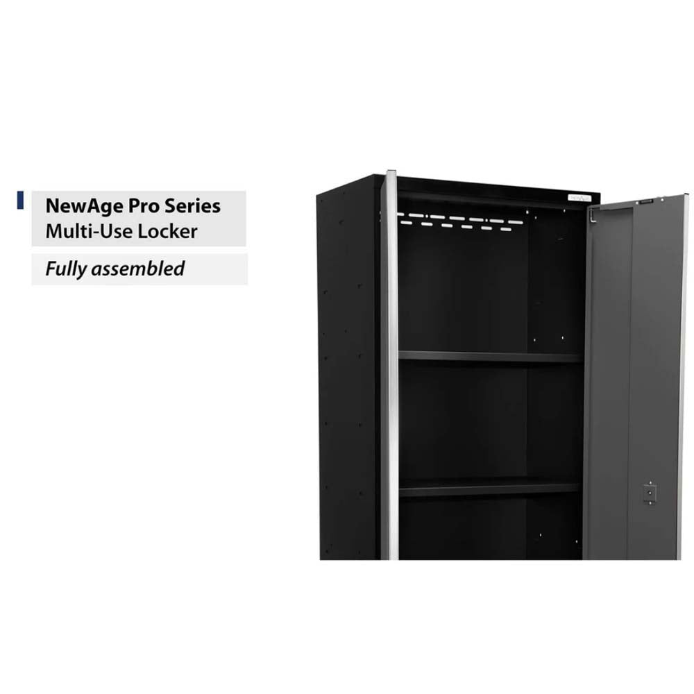 Partially Open Black Locker Cabinet From The NewAge Pro Series With Two Interior Shelves And Vented Slots Along The Top Panel