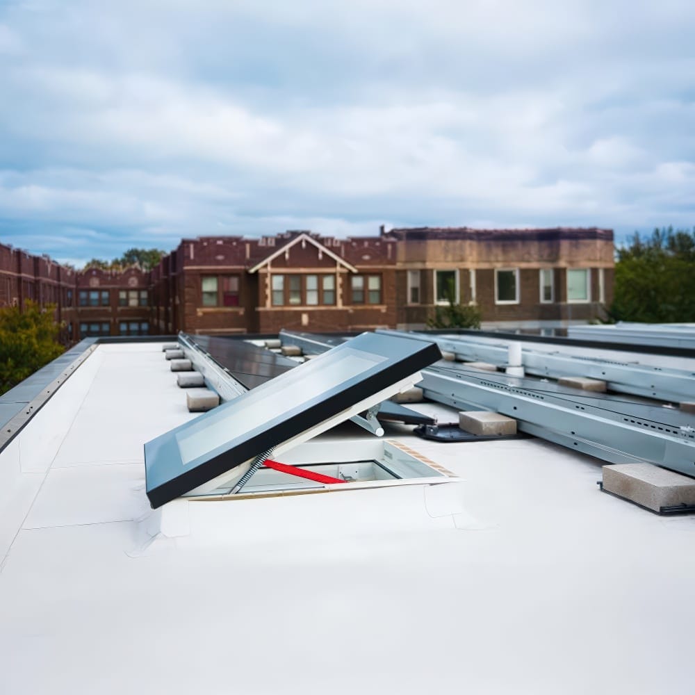 Partially Opened Rooftop Skylight With Solar Panel Mounts And Brick Buildings In Background