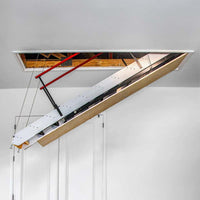 Partially Retracted Heavy Duty Attic_Stairs Pull Down With A Metal And Wood Construction Extending From A Ceiling Opening