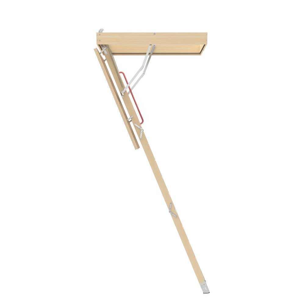 Partially Unfolded Wooden Attic Ladder With Metal Brackets And Red Safety Handle