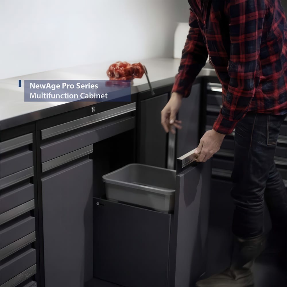 Person Opens Tall Pull Out Drawer With Plastic Bin In NewAge Pro Series Multifunction Cabinet Beneath A Worktop