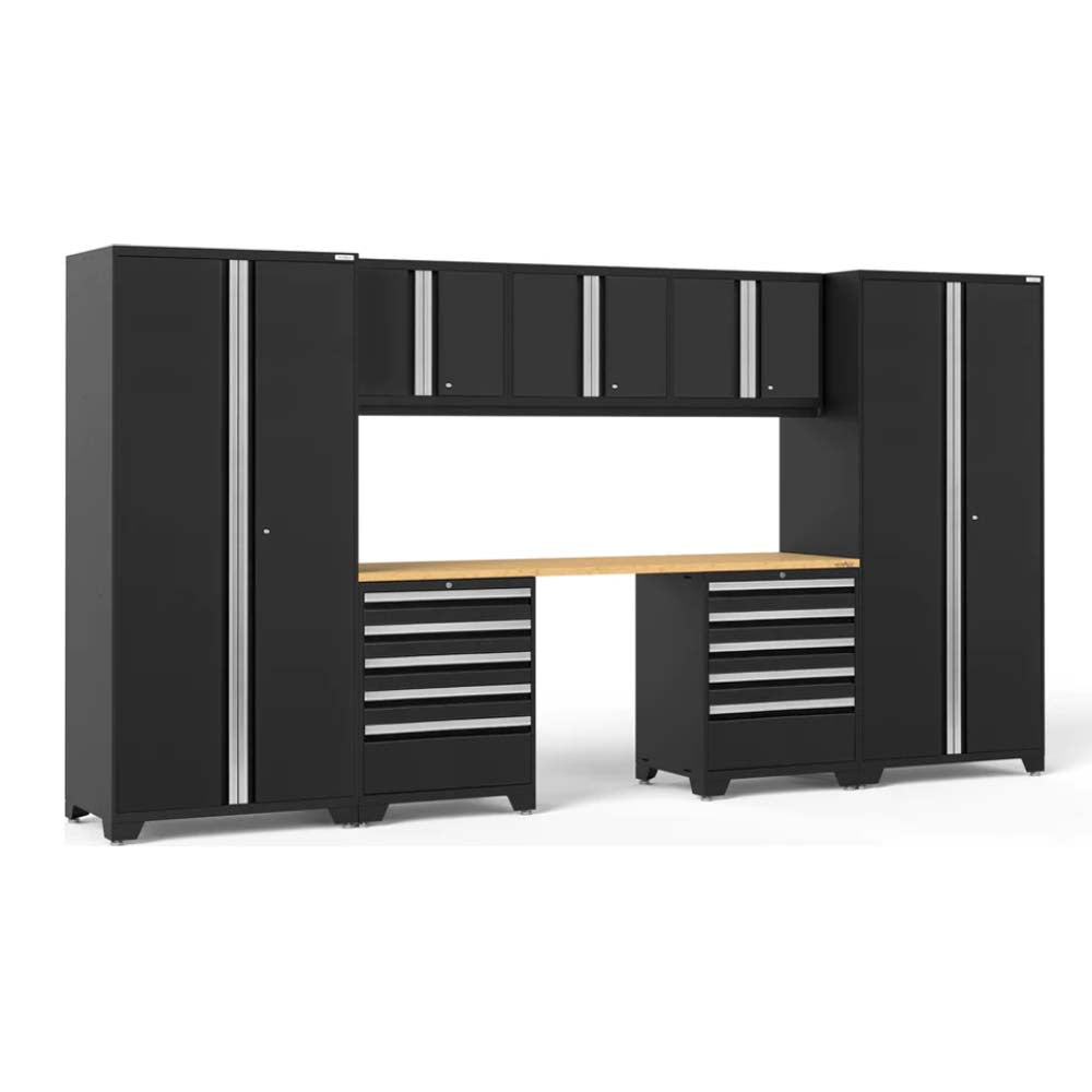 Piece Pro 3.0 Garage Set With 5 Drawer Cabinets Featuring Tall Cabinets, A Wooden Workbench, Multiple Drawers, And Overhead Cabinets