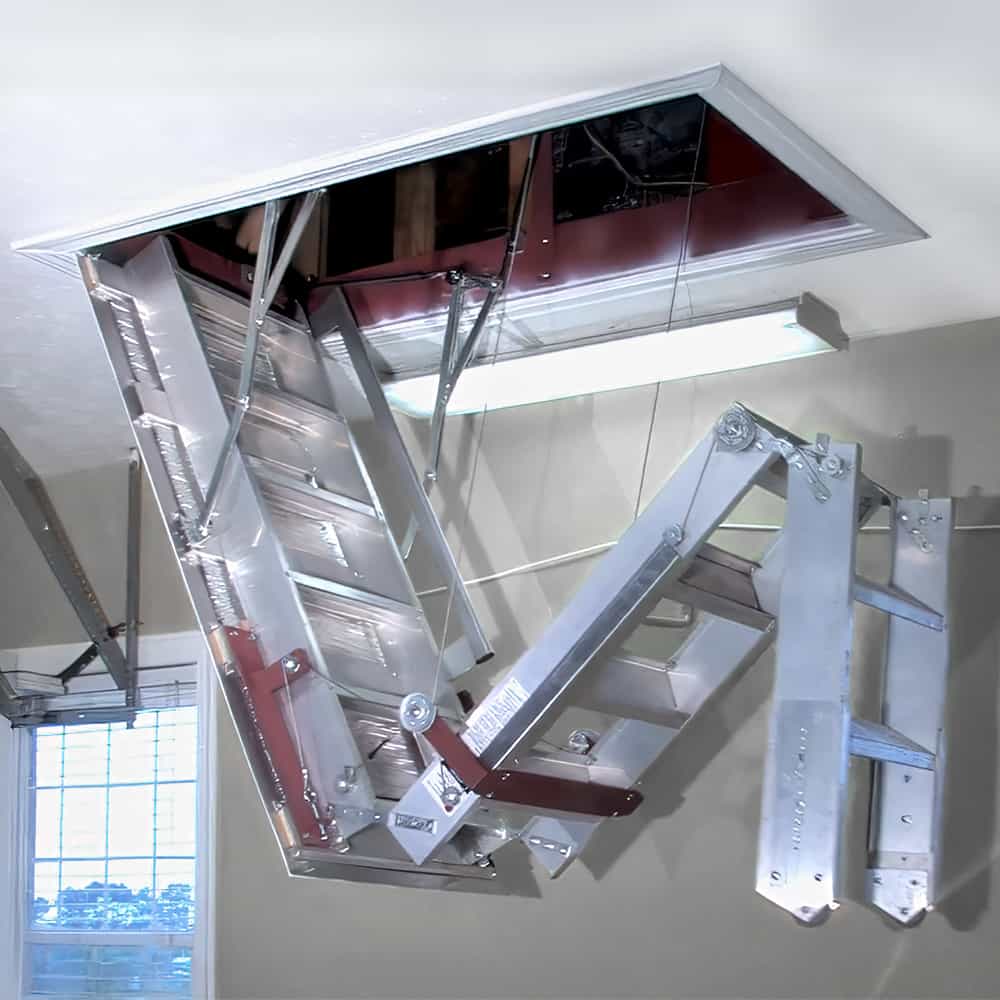 Precision Ladders Automatic Super Simplex Disappearing Stairways in Garage Partially Deployed from Ceiling