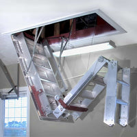 Precision Ladders Automatic Super Simplex Disappearing Stairways in Garage Partially Deployed from Ceiling