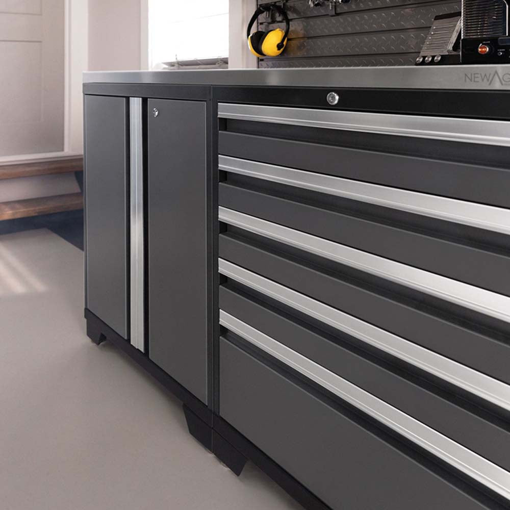 Pro 3.0 16 Piece Garage Corner Set Featuring A Dark Gray Metal Cabinet With Multiple Drawers