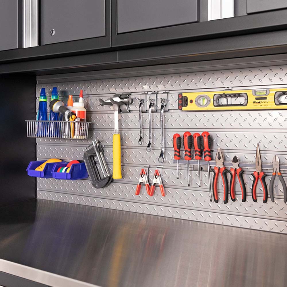 Pro 3.0 16 Piece Garage Corner Set Featuring A Diamond Plate Metal Backdrop Adorned With An Array Of Neatly Hung Tools