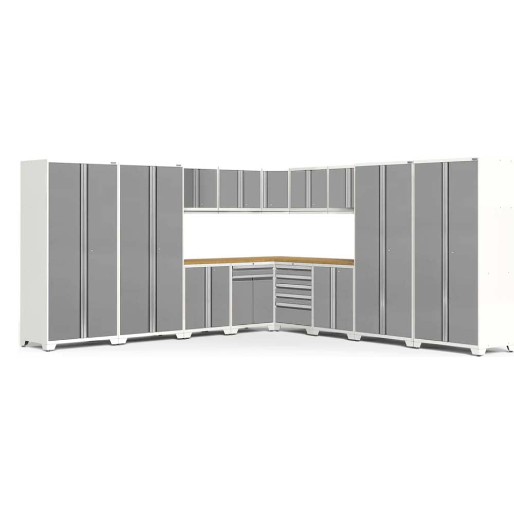 Pro 3.0 16 Piece Garage Corner Set With A Combination Of Tall Storage Cabinets, Upper Wall Mounted Cabinets, And Lower Cabinets