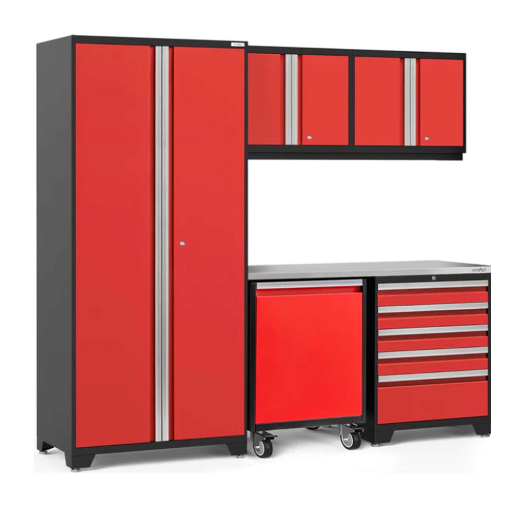 Pro 3.0 6 Piece Garage Cabinet Set With Utility Cart Consisting Of Tall Standing And Wall Mounted Red Cabinets