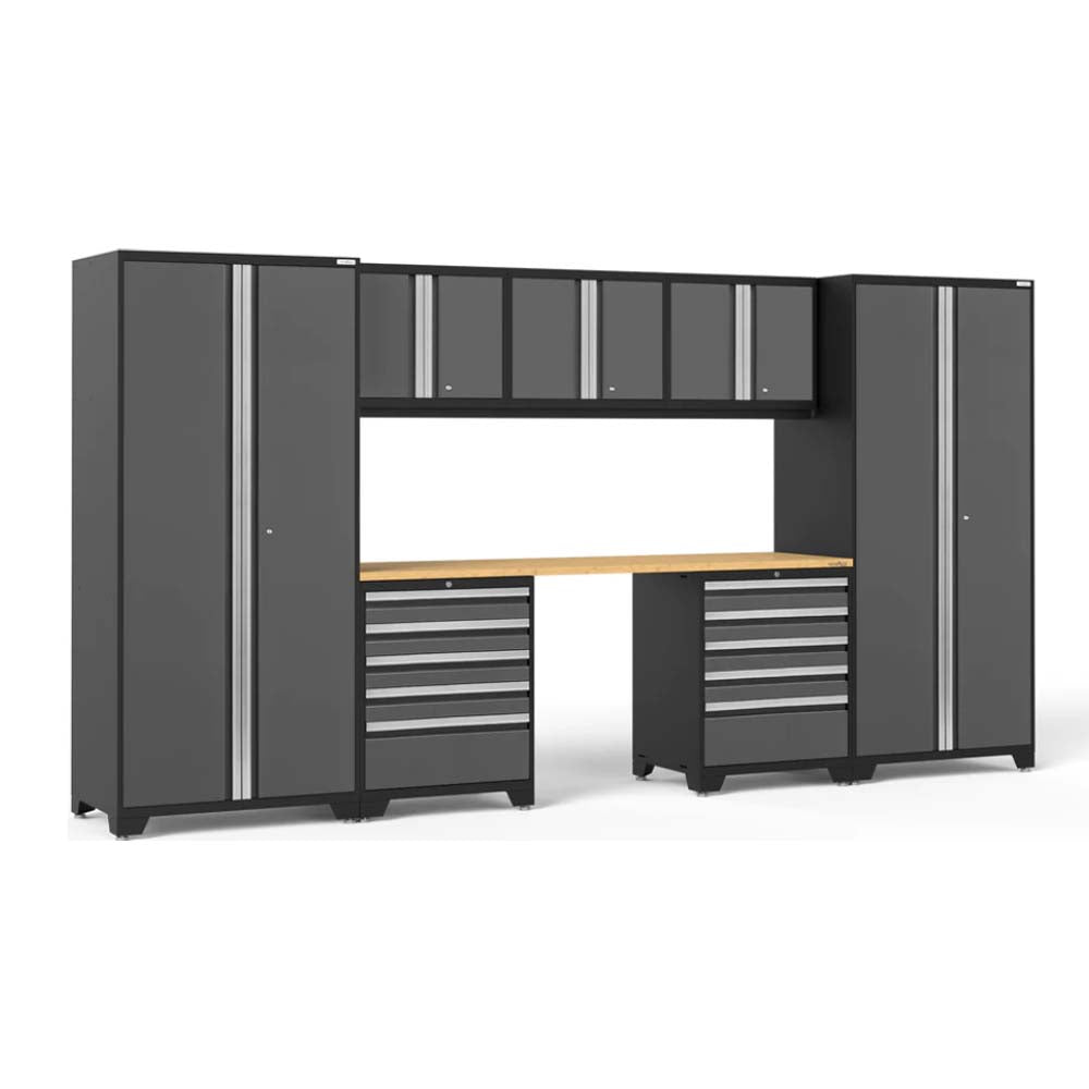 Pro 3.0 8 Piece Set With 5 Drawer Cabinets Featuring Tall Cabinets, Upper Cabinets, Multiple Drawers, And A Wooden Workbench