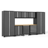 Pro 3.0 9 Piece Garage Set With Utility Cart Featuring Tall Cabinets, Wall Mounted Cabinets, A Wooden Countertop, And A Combination Of Drawers