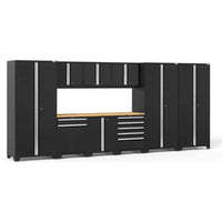 Pro 3.0 Series 10 Piece Tool Cabinet Set With 3X Multi Use Lockers Featuring Multiple Cabinets With Handles And A Wooden Countertop