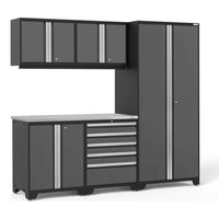 Pro 3.0 Series 6 Piece Garage Storage Cabinet Set Featuring A Combination Of Tall Cabinets, Overhead Cabinets, And A Workbench