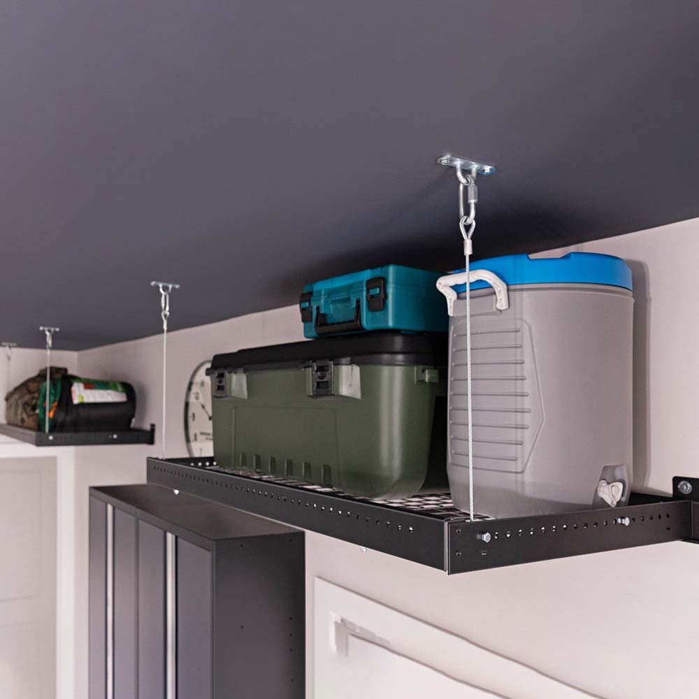 Pro 3.0 Series 9 Piece Garage Cabinet Multi Function Features Suspended Metal Shelves Hanging From The Ceiling