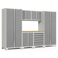 Pro 3.0 Series Garage Cabinet Set 7 Piece Featuring Two Tall Cabinets, Upper And Lower Cabinets, Multiple Drawers, And A Central Workspace