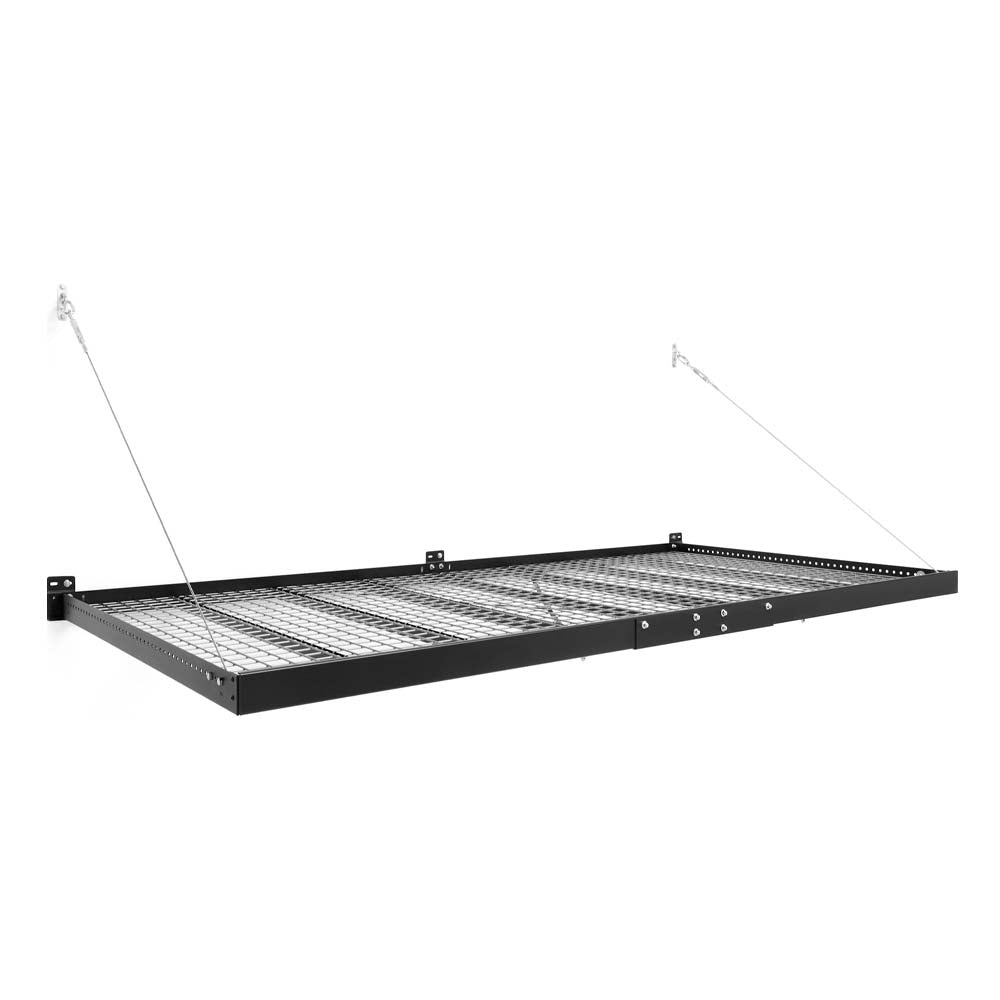 Pro Series 4 Ft X 8 Ft Wall Mounted Steel Shelf With A Grid Patterned Base Supported By Suspension Cables