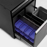 Pro Series 8 Piece Cabinet With 84 In Worktop With An Open Drawer That Holds Nine Blue Plastic Storage Bins