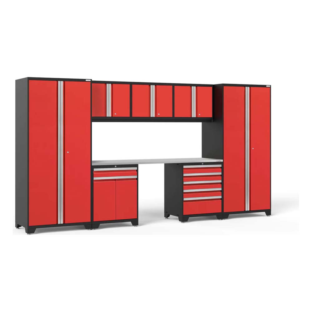 Pro Series 8 Piece Cabinet With Multi Function Cabinet And 84 In Worktop With Multiple Red Cabinets