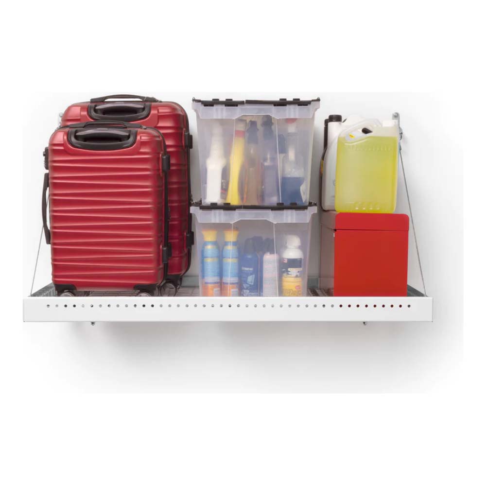 Pro Series Metal Shelf 2 Ft X 4 Ft Wall Mounted 2PC Holding Red Suitcases Clear Storage Bins, A Yellow Container, And A Red Box
