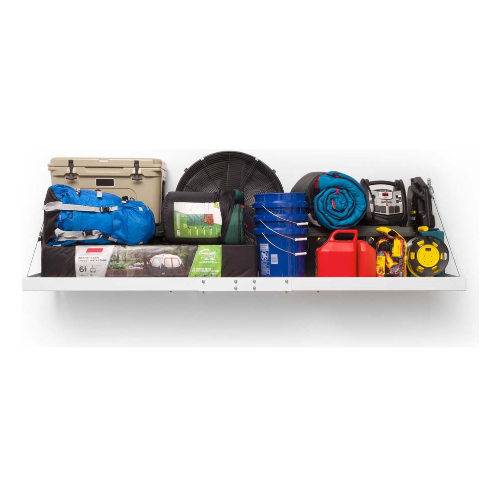 Pro Series Steel Shelf 2 Ft X 8 Ft Wall Mounted 2PC Displays An Array Of Outdoor And Camping Equipment