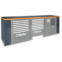 Professional Garage Workstation With Mobile Tool Carts Secure Cabinetry And A Full Length Worktop