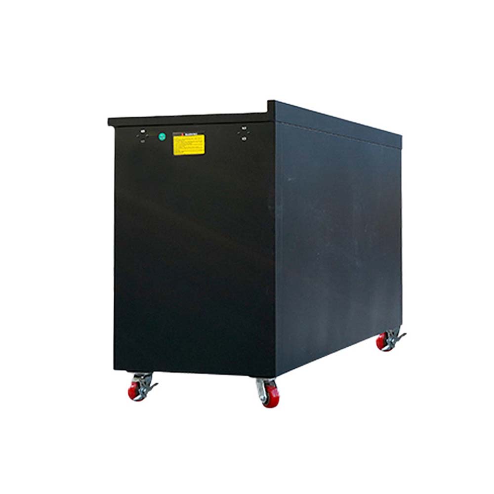 Rear Angle View Of A Black Rolling Workbench Cabinet With Swivel Casters