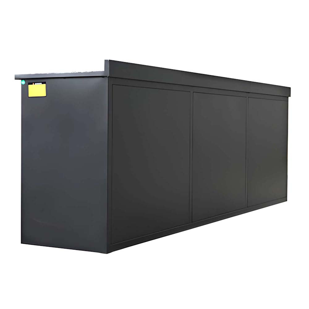 Rear Perspective Shows A Long Black Workbench Cabinet With Panel Back Sections And A Raised Backstop Top