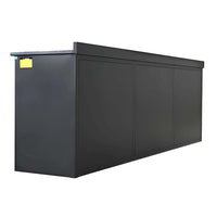 Rear Perspective Shows A Long Black Workbench Cabinet With Panel Back Sections And A Raised Backstop Top