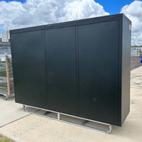 Rear View Of A Large Black Metal Cabinet With Three Flat Panels
