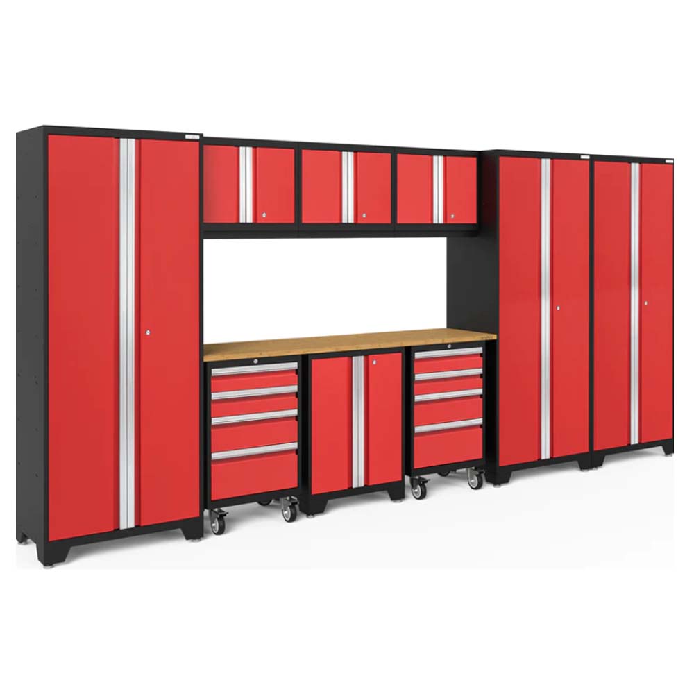 Red And Black Bold Series Cabinet Set 10 Piece Including Tall Cabinets, Wall Mounted Cabinets, And A Workbench